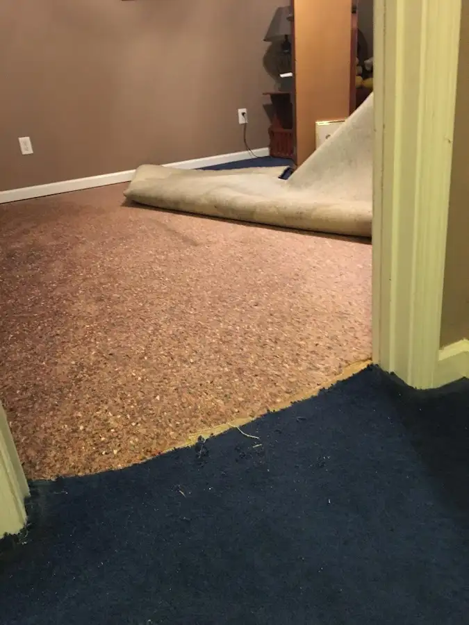 Carpet pad removal revealing water damage during Drying & Dehumidification in Americus